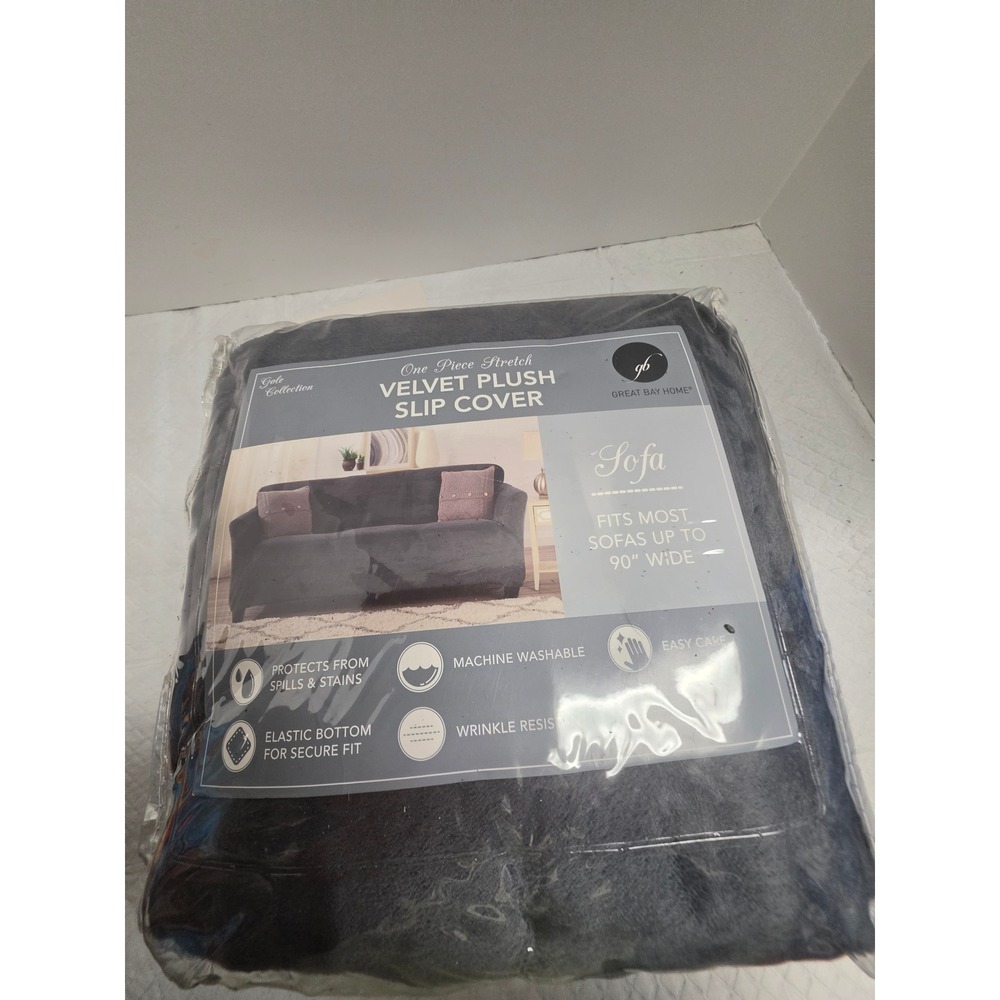 Great Bay Home Gale Collection Velvet Plush Sofa Slipcover Stretch Dark Grey 90"